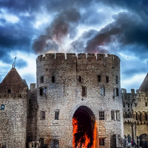 Image similar to Siege of a burning medieval castle, XF IQ4, 150MP, 50mm, f/1.4, ISO 200, 1/160s, natural light, Adobe Photoshop, Adobe Lightroom, DxO Photolab, polarizing filter, Sense of Depth, AI enhanced, HDR