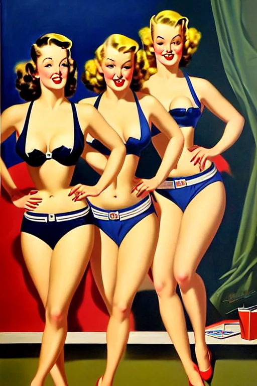 Image similar to 1940s group of pinup bikini girls in the office, oil painting, by Gil Elvgren