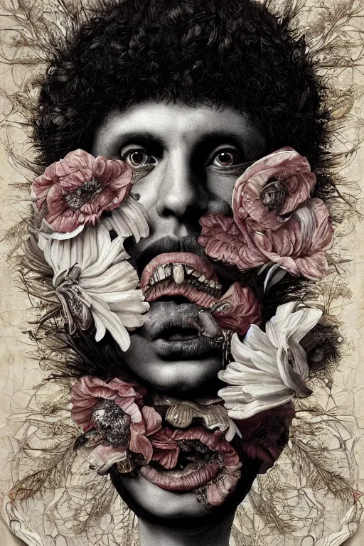 Prompt: Detailed maximalist portrait with large lips and with large white eyes, angry, exasperated expression, extra fleshy hands, high fashion, botany, HD mixed media, 3D collage, highly detailed and intricate, surreal illustration in the style of Caravaggio, dark art, baroque