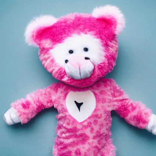 Image similar to a cute white teddy bear with pink ears wearing a pink cheetah print leotard