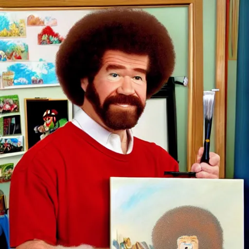Prompt: bob ross in his office in front of an easel, painting a portrait of mario on the canvas, high quality, 4k, hyperrealistic, detailed, professional photo