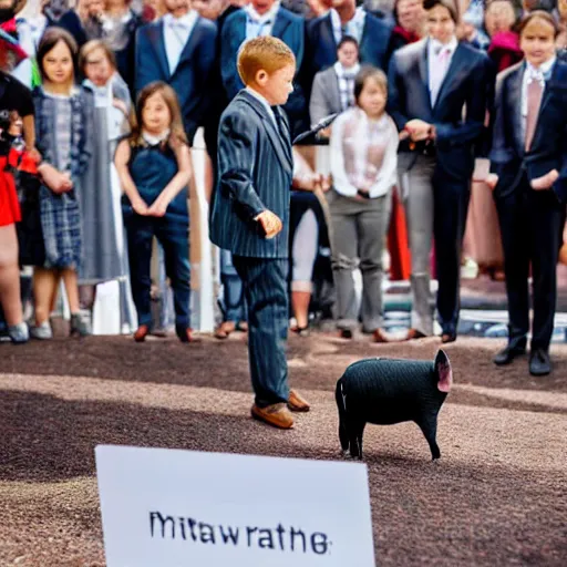 Image similar to a miniature pig in a suit giving a speech in front of a crowd of people