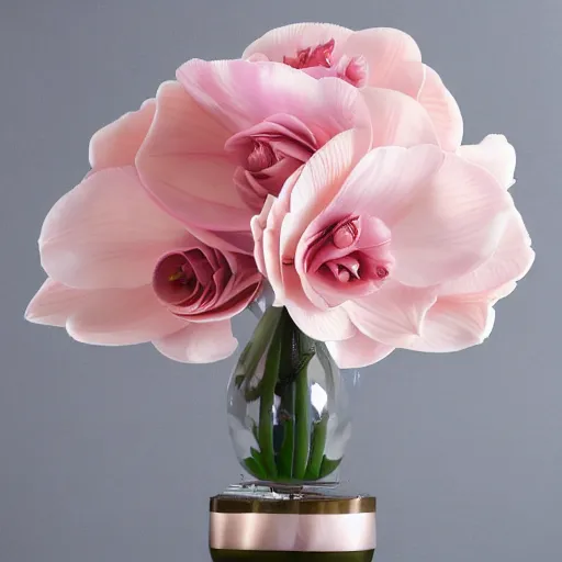 Image similar to genetically modified blend of rose lily carnation orchid ranunculus anenome, floral arrangement in futuristic!! vase made of mother of pearl, architectural digest, year 2 3 0 0