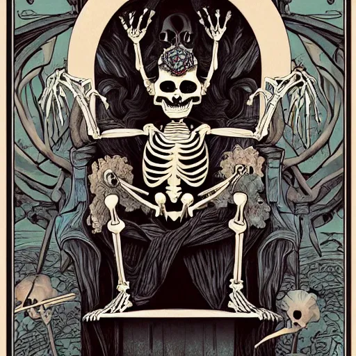 Prompt: a painting of a skeleton sitting on a throne, poster art by James Jean, behance contest winner, gothic art, tarot card, apocalypse art, behance hd