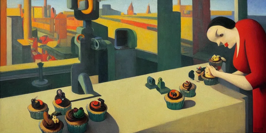 Prompt: robot with a beak dispensing icing onto cupcakes on a conveyor belt, grant wood, pj crook, edward hopper, oil on canvas