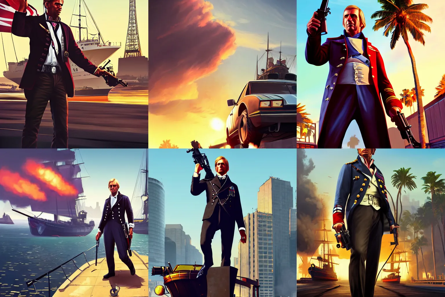 Prompt: Horatio Nelson in Grand Theft Auto 5 cover art, epic, 4k resolution, extremely detailed, very sharp, artstation, digital art, vibrant,