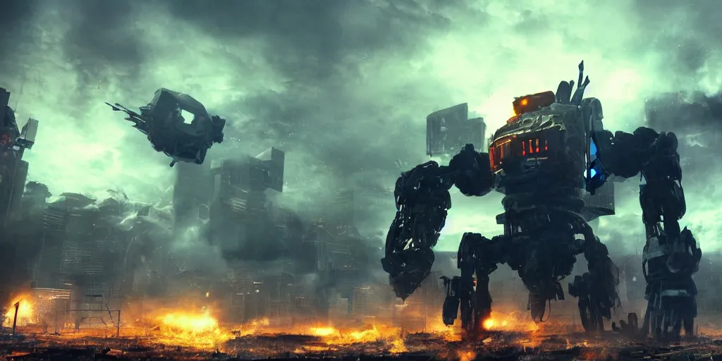 Prompt: beaten-up giant robot in a technological megastructure, dramatic lighting, explosions, debris, smoke, apocalyptic scene, cinematic photography