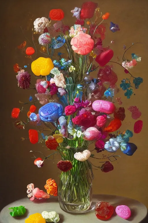 Prompt: painting of gummy flowers in a vase on a table, by rachel ruysch, pop surrealism, biomorphic, made of gummy bears flowers and jelly beans flowers, translucent gummy glowing delicious texture
