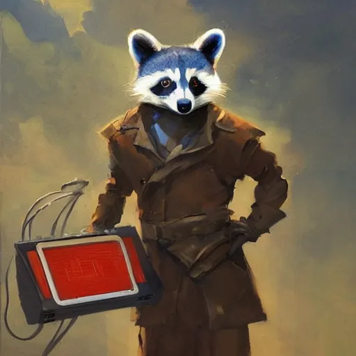 Image similar to greg manchess painting of a trash panda character, holding a box of cables and standing next to old electronic equiptment, medium shot, asymmetrical, profile picture, organic painting, sunny day, matte painting, bold shapes, hard edges, street art, trending on artstation, by huang guangjian and gil elvgren and sachin teng