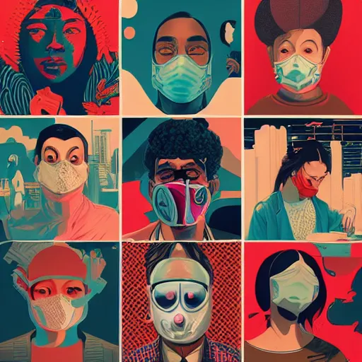 Image similar to portrait of people with sanitary mask, Tristan Eaton, artgerm, Victo Ngai, RHADS, ross draws