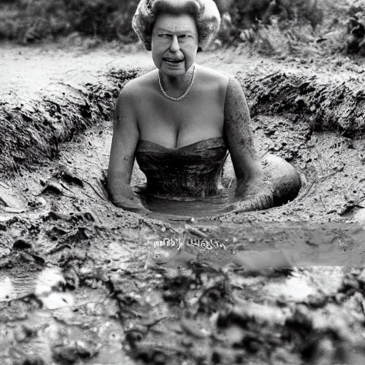 Image similar to queen elizabeth taking a mud bath in shreks swamp, professional photograph, highly detailed,