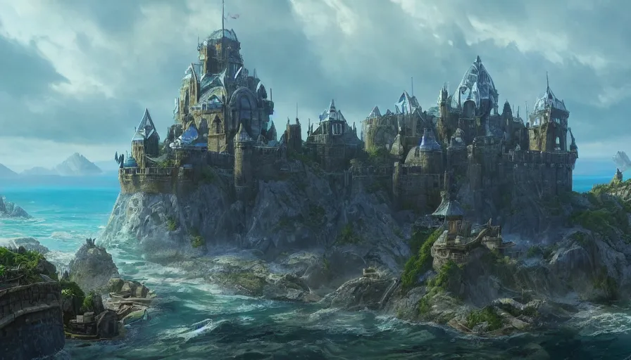 Image similar to a beautiful photo realistic still image looking across a crystal clear sea at stormwind castle from the warcraft movie, by greg rutkowski, trending on artstation, masterpiece,