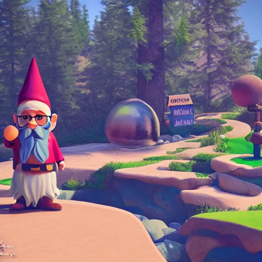 Prompt: a hipster gnome in a mini - golf course in the mountains, 3 d render in the style of the videogame firewatch, soft colors, beautiful pastel scenery around the mini - golf course, incredible sense of depth and perspective in the background, realistic lighting, i really want to play this videogame