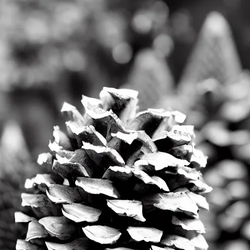 Image similar to a photograph of a strawberry chip ice cream cone, with a cone made from a pinecone. shallow depth of field, fine textured detail.