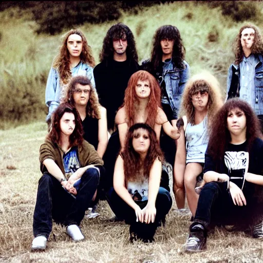 Image similar to group of 1 9 - year - old girls with shaggy wavy hair, wearing double denim, heavy metal band promo, doom metal band promo, stoner rock band promo, heavy rock band promo photo, 1 9 8 9 photo