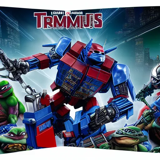 Image similar to optimus prime fights the teenage mutant ninja turtles in NYC, 4K, intricate detail,