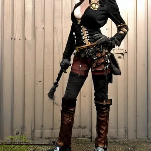 Image similar to full body photo of a skinny female steampunk warrior