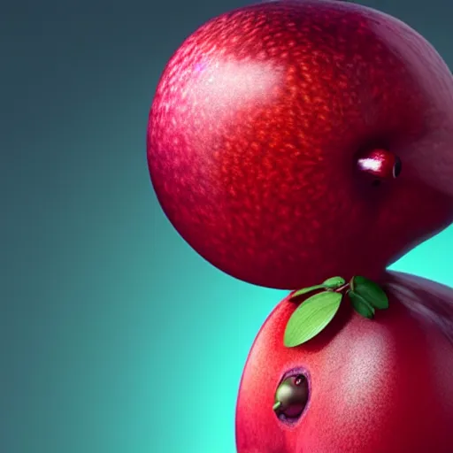 Image similar to fruit character that looks just like michelle obama as a pomegranate, 8 k, fruit eyes, fruit world, beautiful matte painting, by johfra bosschart, hyper realistic, studio lighting, octane render