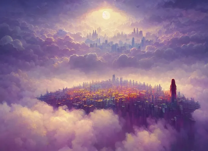 Prompt: floating city on clouds, dark fantasy, highly detailed, high quality, digital painting, alena aenami, lilia alvarado, shinji aramaki, karol bak, alphonse mucha, tom bagshaw