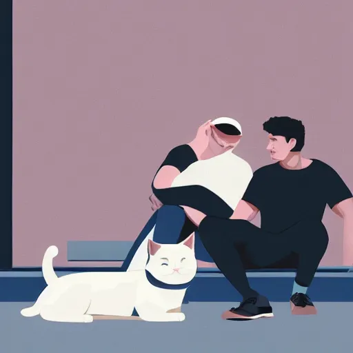 Image similar to a man and a woman sitting down with their white cat, the boy is bald with a brown baseball hat, the girl has short curly black hair, art by Alena Aenami