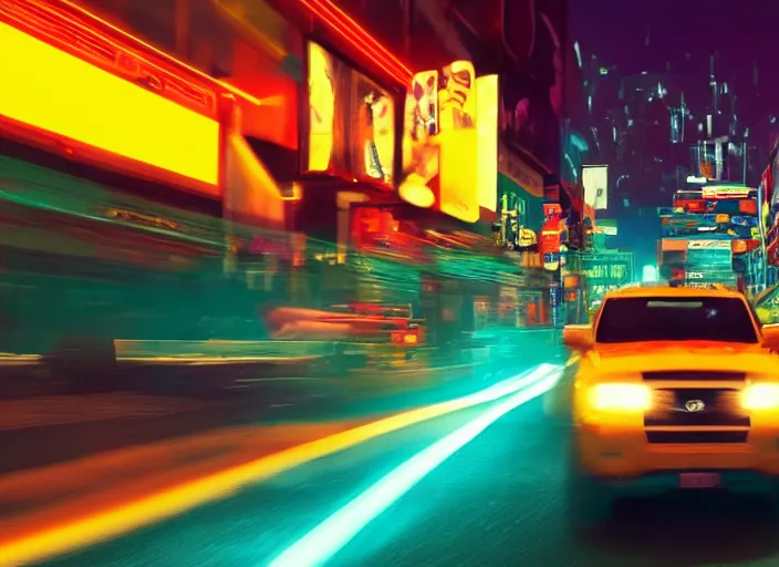 Image similar to a film still of a tonka truck driving through a neon city at night, cinematic