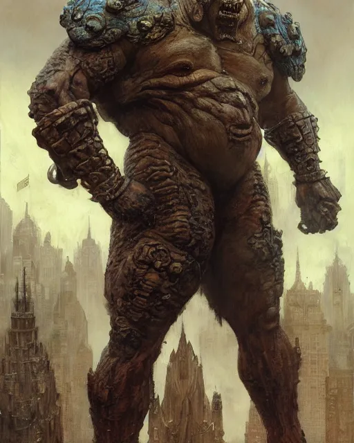 Prompt: full body portrait of martyn ford as huge towering bipedal horror beast with bulbous froglike torso fiery hair wearing armour walks down city street, people flee, painted by ruan jia, raymond swanland, lawrence alma tadema, zdzislaw beksinski, norman rockwell, jack kirby, tom lovell, alex malveda, greg staples