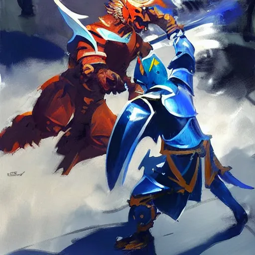 Image similar to dragon fight vs knight in a car, knight in blue armor and wields a gold sword, greg manchess