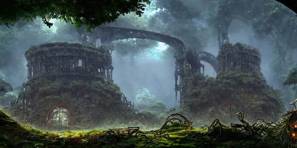 Prompt: a giant chrome metal arch structure is surrounded by jungles and stone ruins, retro - futuristic, science - fantasy, ancient, rusted, fungal, salt, lgbt, queer, rpg, epic, dungeons & dragons, sacred, sharp focus, award - winning, extremely detailed, 4 k, 8 k