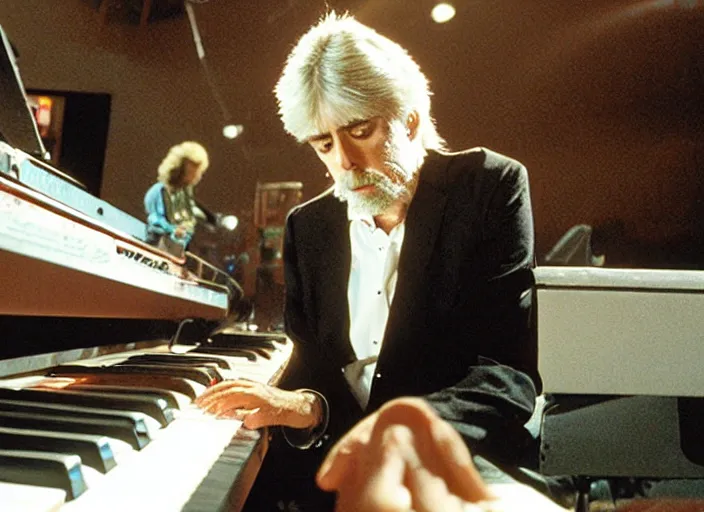 Image similar to michael mcdonald playing keyboard, movie still, from the new gremlins movie, 8 k, realistic