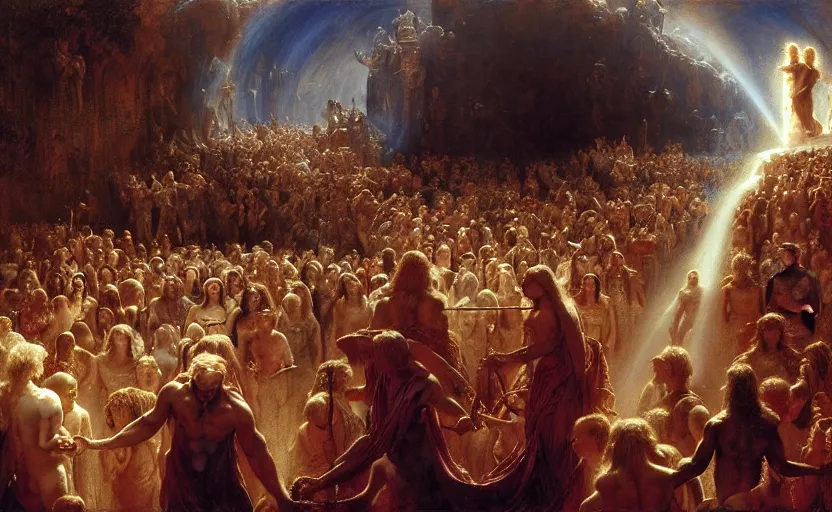 Prompt: alvah angelrune water portal to hell located in heaven, crowd of people, rule of thirds, 4 k, dark bright effect, highly detailed painting by gaston bussiere, craig mullins, j. c. leyendecker, michelangelo