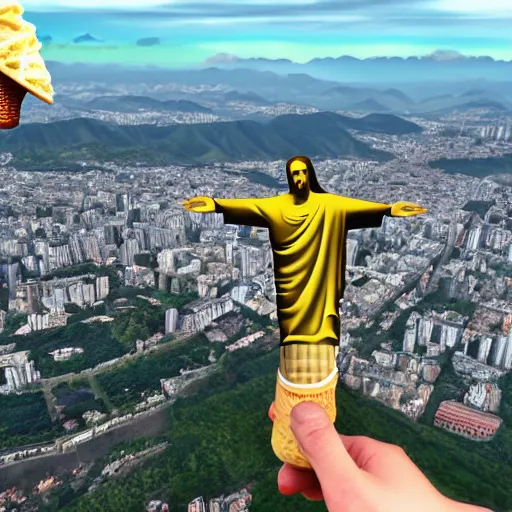 Image similar to Christ the redeemer on top of an ice cream cone , 3d, photorealistic image 8k