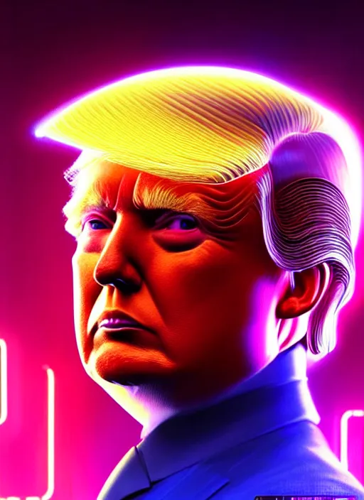 Image similar to portrait of donald trump cyber humanoid, intricate, elegant, cyber neon lights, highly detailed, digital painting, artstation, glamor pose, concept art, smooth, sharp focus, illustration, art by artgerm and greg rutkowski