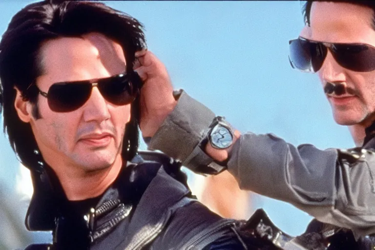 Image similar to film still of Keanu Reeves as Maverick in Top Gun 1986