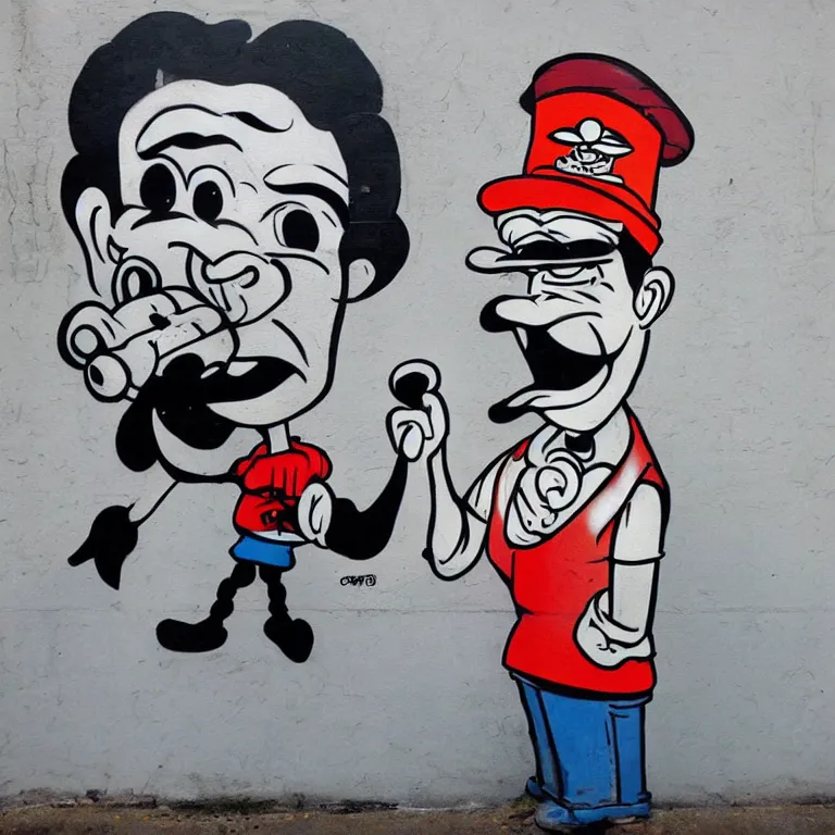 Image similar to Street-art portrait of Popeye the Sailor with the squinting (or entirely missing) right eye, huge forearms with two anchor tattoos, skinny upper arms, and corncob pipe. in style of Banksy, comic character, photorealism