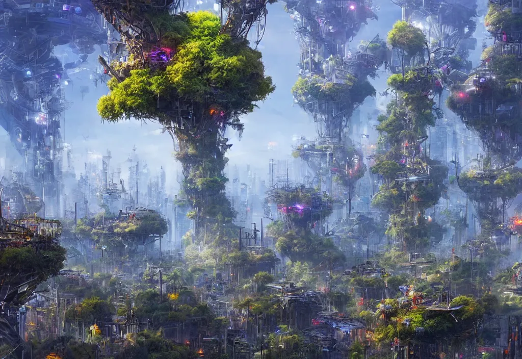 Prompt: biopunk city with a very high tree with leaves that has people connected to it by David Hardy, Trending on artstation, 4k