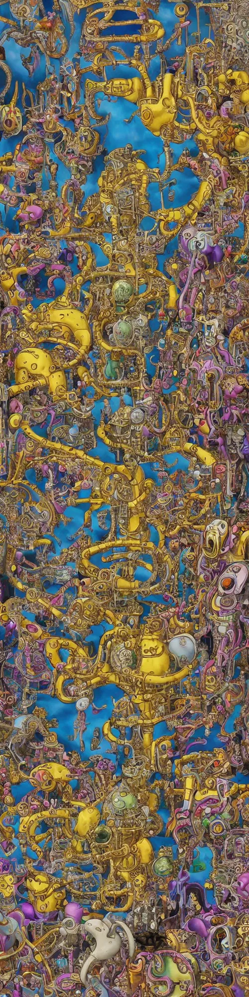 Prompt: epic mural of persian king dissolving into liquid cybernetic transhumanistic bio mechanical game console god, aztec, basil wolverton, high detail, studio ghibli, mc escher, picasso, dali, muted but vibrant colors, cubism, gold speckles, rainbow tubing, muppet punk, mario clouds, strange flow, golden ratio