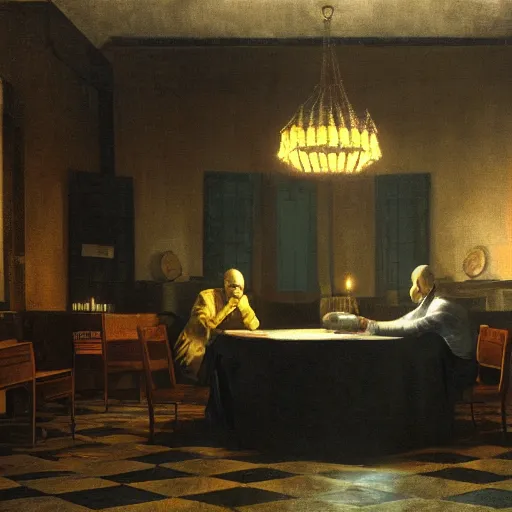 Image similar to Occult shadow figures of men inside a freemasonic lodge with a chequered floor conversing around a table in secrecy, moody and atmospheric, dramatic scene, dimly lit room, cgsociety, 8k resolution, trending on artstation, octane render by Quint Buchholz, Pieter Claesz and Edward hopper