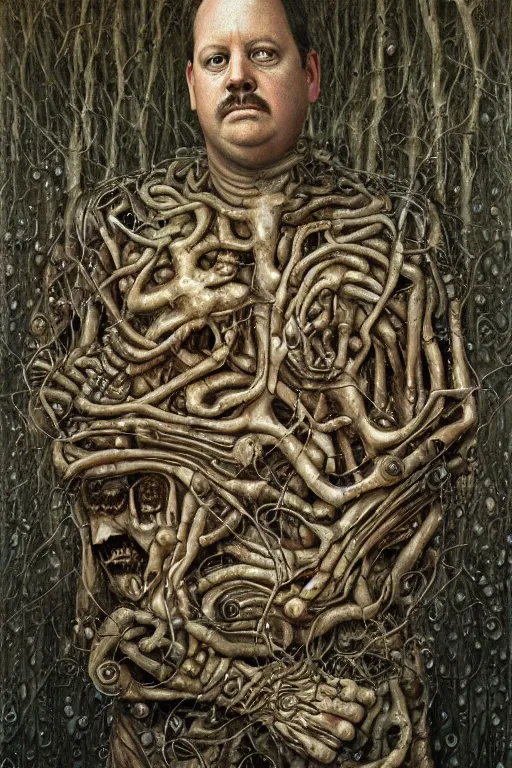 Image similar to paul blart full body portrait, highly detailed, body horror, biopunk, creative design, oil on canvas, by zdzisław beksinski, marco mazzoni, peter gric