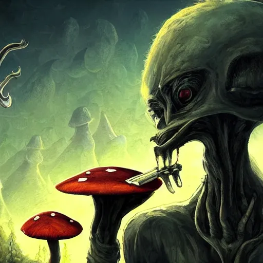 Image similar to 4 k headshot portrait of a psychedelic demonic anthropomorphic wendigo smoking a hand - rolled cigarette smoking heavily, magic mushroom village in background. award winning. superb resolution. in the art style of junji ito and greg rutkowski. detailed mushroom city in background. hyper realistic anime. perfect art. dalle 2