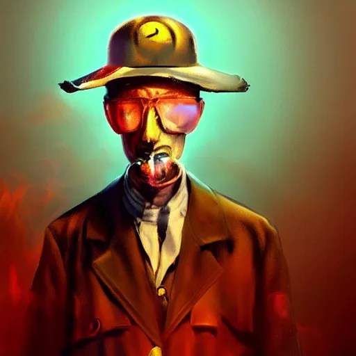 Image similar to Oppenheimer with hat made of colorful smoke, hazy, atmospheric, inspiring digital art, award winning, artstation,