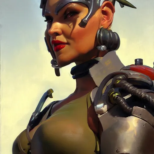 Prompt: greg manchess close - up portrait painting of a beautiful older female dieselpunk orc with olive green skin as an overwatch character, medium shot, asymmetrical, profile picture, organic painting, sunny day, matte painting, bold shapes, hard edges, street art, trending on artstation, by huang guangjian and gil elvgren and sachin teng