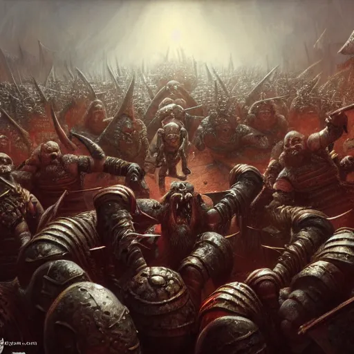 Image similar to painting of a single dwarven berserker facing a crew of crazy goblin warriors in deadly combat on a gladiator pit, sharp focus, high symmetry, award - winning, trending on artstation, masterpiece, highly detailed, intricate. art by seb mckinnon