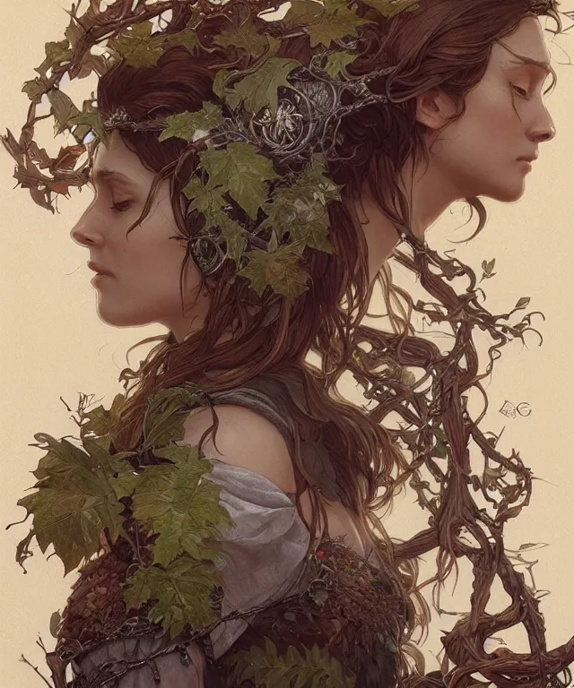 Image similar to a woman druid wearing leaf and vine themed clothing, fully clothed, pet animal, D&D, fantasy, intricate, cinematic lighting, highly detailed, digital painting, artstation, concept art, smooth, sharp focus, illustration, art by Artgerm and Greg Rutkowski and Alphonse Mucha