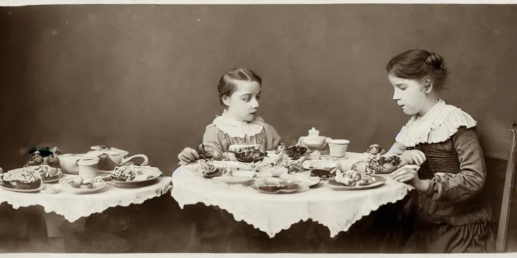 Prompt: a girl has breakfast with her cat at the table filled with food, flowery wallpaper, 1 8 8 0 s style, professional photography