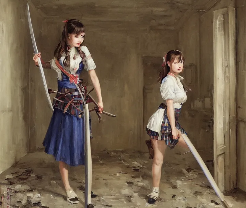 Image similar to School girl holding a katana and standing on an abandoned hospital room , by Konstantin Razumov, horror scene, highly detailded