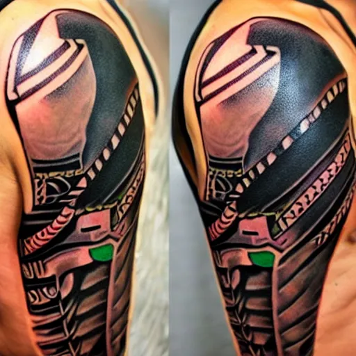 Prompt: dark - skinned tribal warrior, cybernetic enhancements, tribal tattoos, close up