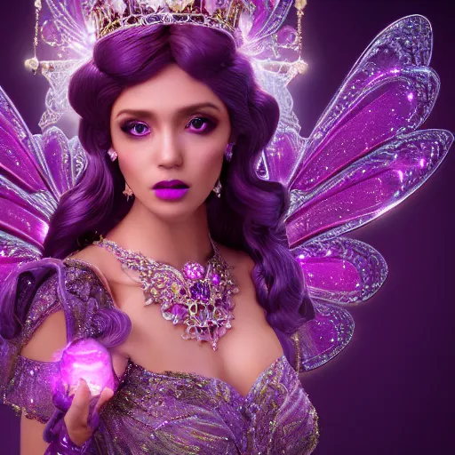 Image similar to portrait princess of amethyst, glowing, ornate and intricate purple jewelry, jaw dropping beauty, glowing background lighting, purple accent lighting, hyper detailed, fairy tale, 4 k octane render