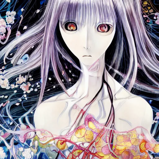 Image similar to yoshitaka amano realistic illustration of an anime girl with black eyes and long wavy white hair wearing dress suit with tie and surrounded by abstract junji ito style patterns in the background, blurry and dreamy illustration, noisy film grain effect, highly detailed, oil painting with expressive brush strokes, weird portrait angle, 9 0 s anime color palette