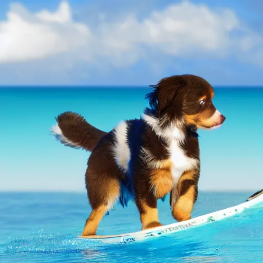 Prompt: Australian Shepherd puppy surfing in Hawaii, Digital Art, artstation