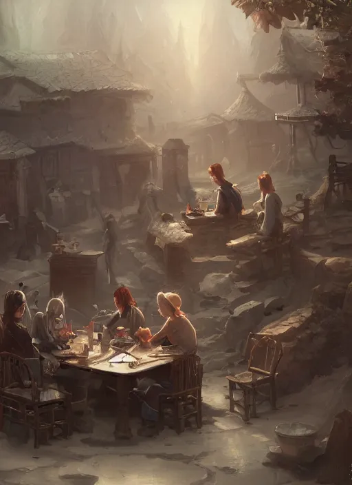 Prompt: painting of a group of people sitting at a table, a detailed painting by xie huan, cgsociety, fantasy art, creepypasta, dystopian art, 2 d game art